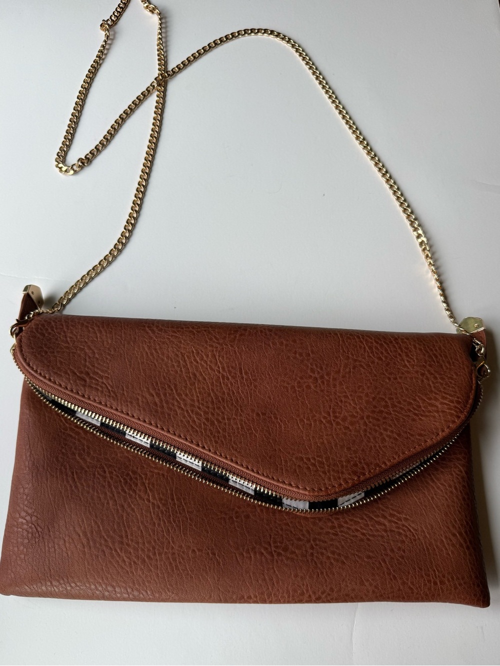 VICI -Ur an Expressions Leather Crossbody Clutch in Brown with Gold Chain